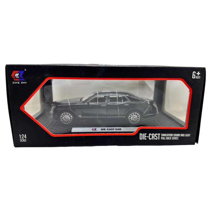 Macheta Bentley Mulsanne fekete 1:24 fém replika fényekkel és hangokkal, nyitható ajtókkal, motorháztetővel, csomagtartóval