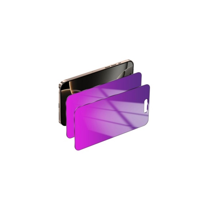 Set 2 Folii Protectie Ecran iPhone 16 Pro, Sticla Temperata, Violet Gradient, Anti-Spion, Anti-Lumina Albastra, 6.3 inch