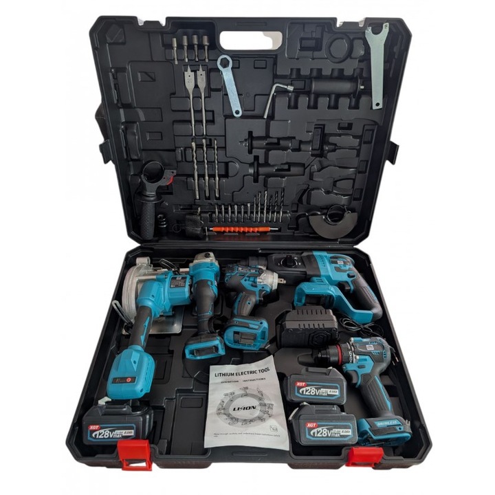 Trusa scule electrice 5 unelte German Meister 128V 8Ah, autofiletanta 80Nm, rotopercutor SDS-Plus, polizor 125 mm, masina impact 600Nm, fierastrau electric, 2 acumulatori