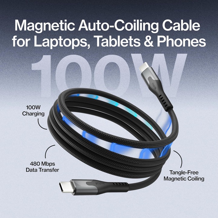 Mágneses USB-C-ről USB-C-re kábel, 100W gyorstöltés, 1m, autóba, kompatibilis iPhone, iPad és Android készülékekkel