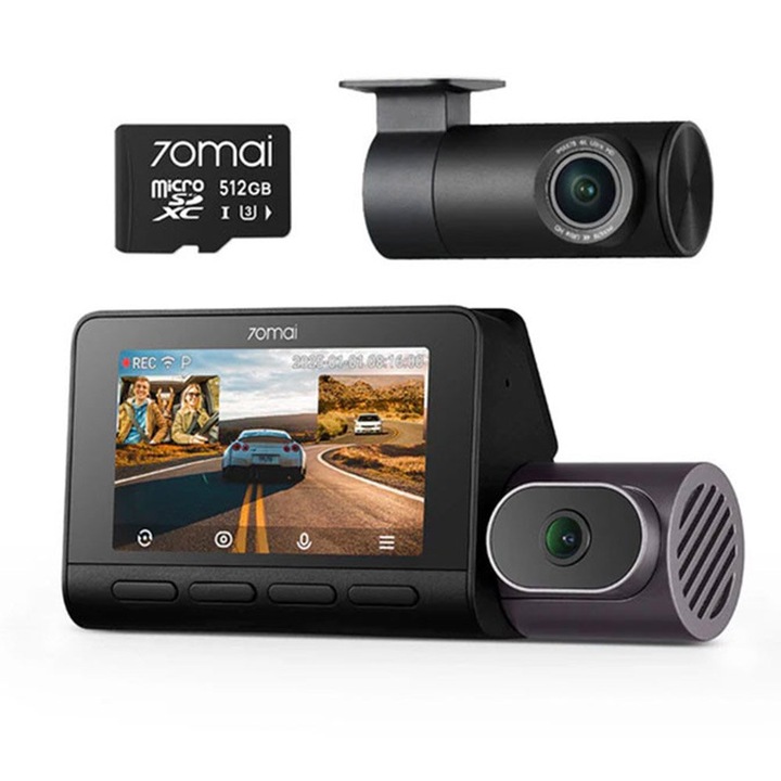 Camera auto cu lentila duala + camera spate RC41 70Mai T800-41-512G, 4K, WiFi 6, ecran 3 inch, GPS, HDR, ADAS, 146 grade, preinregistrare, night vision, slot card, microfon si difuzor