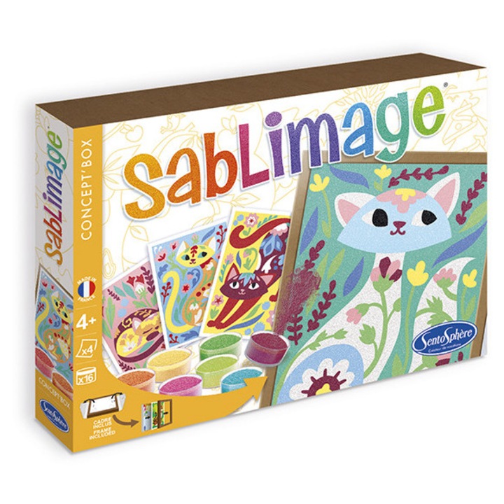 Set Sablimage Sentosphere, 4 planse autoadezive, 16 recipiente nisip colorat, pisici, pentru 4-8 ani