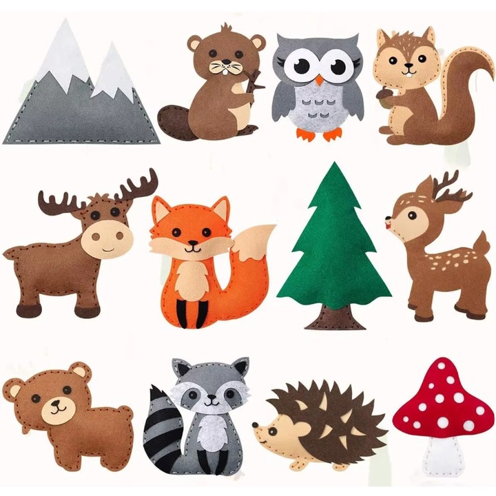 Set de cusut din fetru, tematica pădure, 12 elemente, multicolor, 22x15x5cm