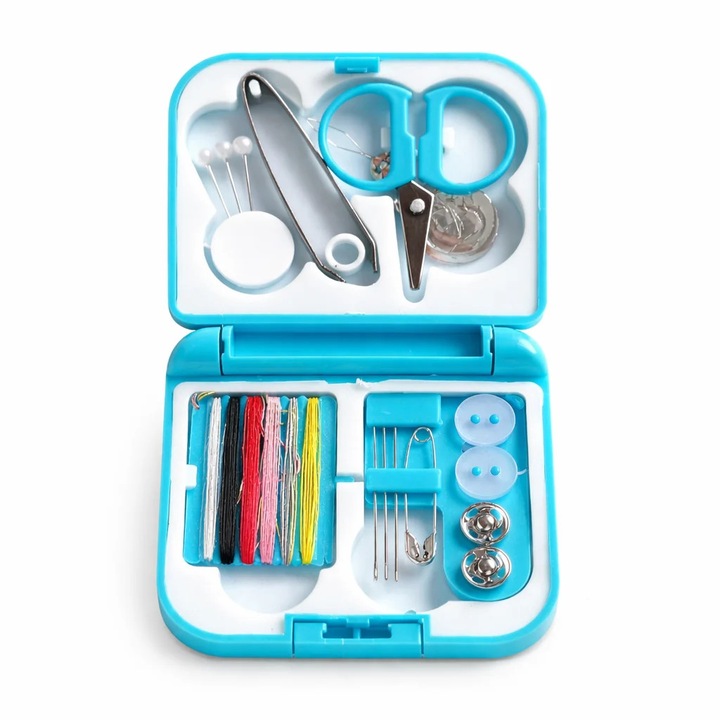 Set compact de cusut portabil Dactylion, kit reparatii textile cu accesorii complete, cutie organizatoare, dimensiuni reduse, ideal pentru calatorii