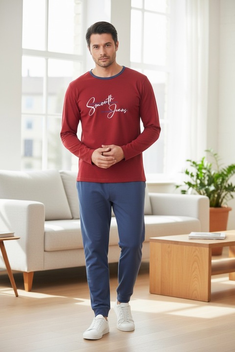 Pijama barbati 100% bumbac, StarFashion, bluza cu maneca lunga si pantaloni lungi, Bordeaux