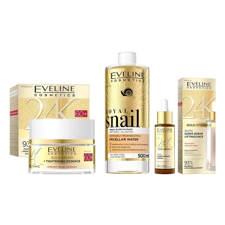 Eveline Cosmetics 24 karátos arany szett - Feszesítő arckrém 60+ 50ml, Lifting szérum 30ml, Royal Snail micellás víz 500ml