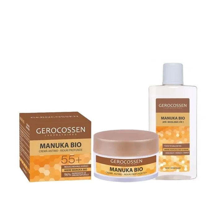 Gerocossen Manuka Bio szett - Ránctalanító krém 55+ 50ml és Micellás víz 3in1 400ml, érett bőrre, hidratáló, regeneráló