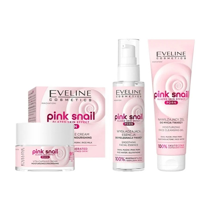 Eveline Pink Snail PDRN Bőrápoló Szett - Hidratáló Krém 50ml, Arcesszencia 100ml, Tisztító Gél 150ml, Többszínű