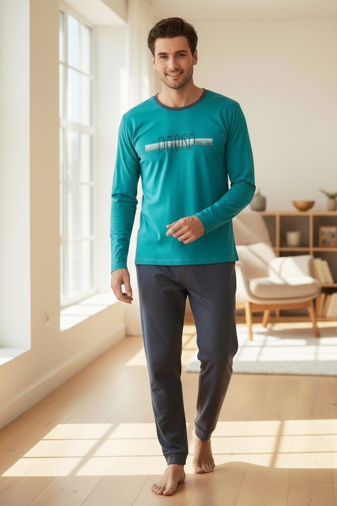 Pijama barbati 100% bumbac, StarFashion, bluza cu maneca lunga si pantaloni lungi, Turcoaz