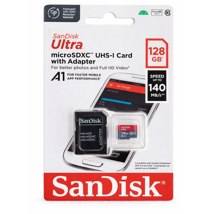 Card Memorie SanDisk Ultra 128GB microSDXC A1 + Adaptor, Viteza 140MB/s, Full HD