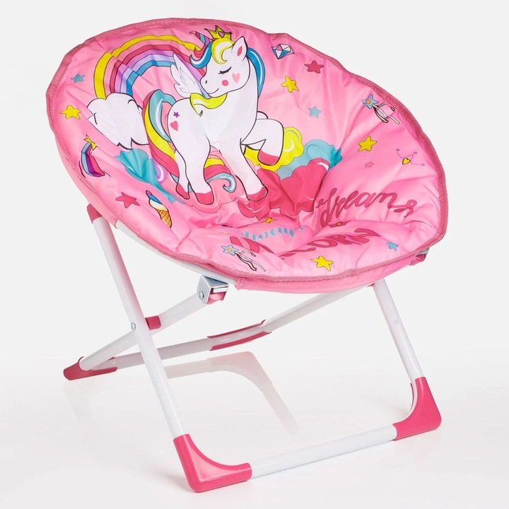 Scaun Fotoliu Pliabil Copii Unicorn Roz ANTBRO®, Scaun Plaja si Gradina, Cadru Metalic, Antiderapant, Usor de Transportat, Rezistent la Apa, 46x34.5x33.5 cm