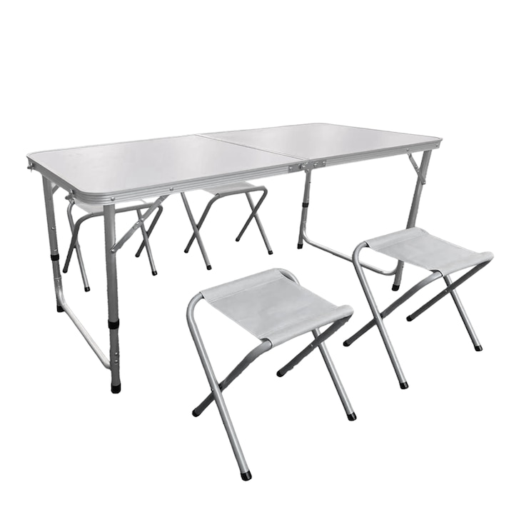 Set Mobilier Camping Kiwari® Camp, Masa 120 x 60 x 54-70 cm, 4 scaune 35 x 32 x 27.5 cm, Set Portabil si Pliabil Complet Picnic/Camping/Gradina/Terasa, Aluminiu/Plastic/Textil, Alb/Gri