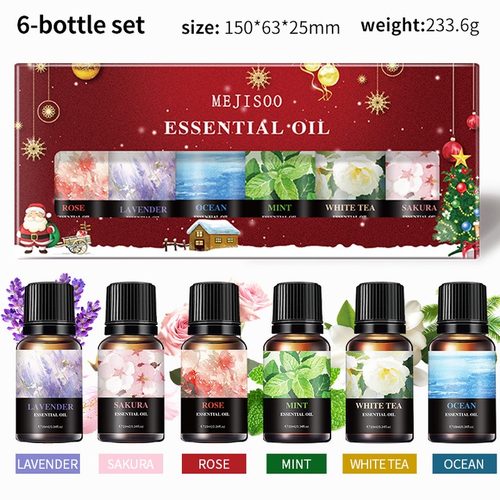 Mejisoo illóolaj készlet, 6 x 10ml üveg, levendula, cseresznyevirág, rózsa, óceán, menta, cseresznye, fehér tea, aromaterápia