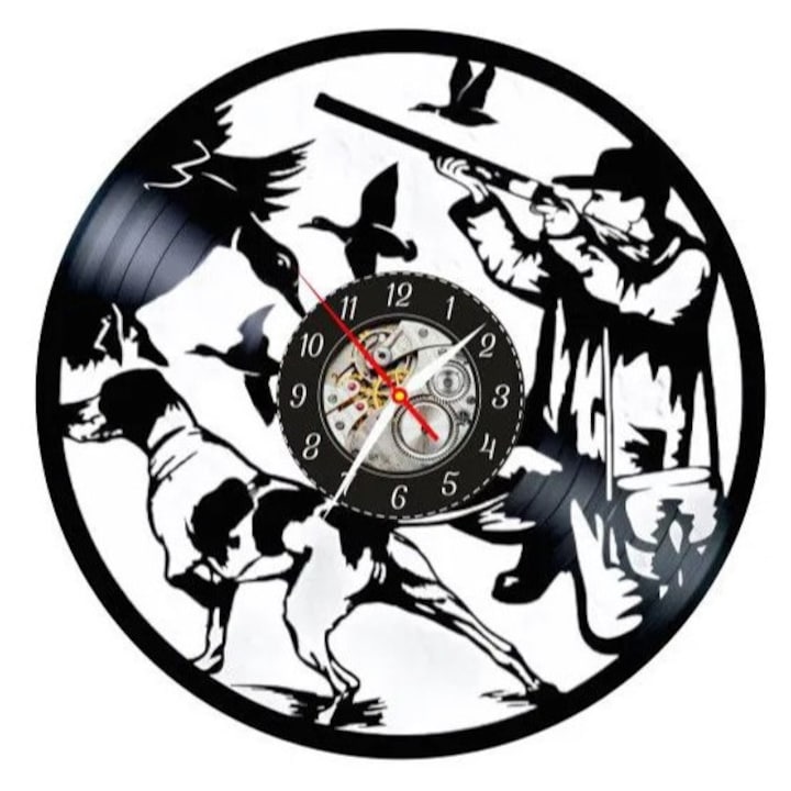 Dekoratív falióra "A Vadász", bakelit lemezből (Vinyl Record) készült, Kézzel készített, Vadászat és Természet design