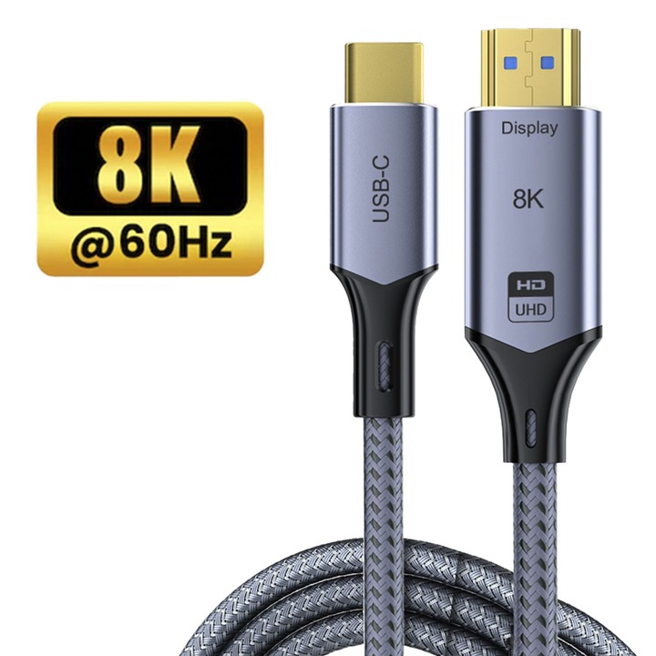Cablu Adaptor USB-C la HDMI 2.1 pentru Laptop si Monitor, 8K 60Hz si 4K 144Hz, Invelis Textil Impletit, Conectori Placati cu Aur, Plug and Play, Albastru Argintiu
