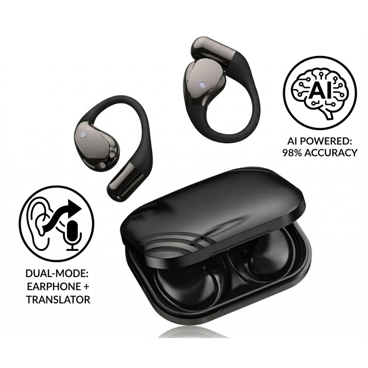 Xrok Azonnali Hangfordító Wireless Fülhallgató, AI Valós Idejű Fordító Készülék 156 Nyelven, Nyitott Fülű Kialakítás Fülkampóval Sportoláshoz/Edzőterembe, HiFi Sztereó Surround Hangzás, 8 Óra Üzemidő, BT V6.0, Transkit Alkalmazás, 98% Pontosság, Fekete