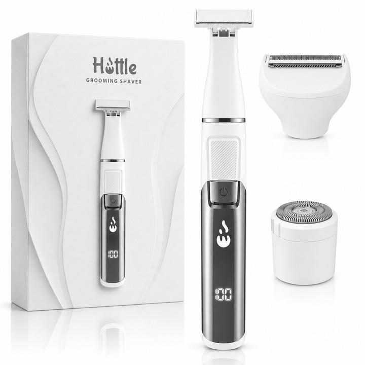 Aparat De Ras Si Barbierit Electric, 3 in 1, Profesional, HOTTLE®, Shaver Cu Lama Rotativa, Motor 5W, Incarcare Type-C, Afisaj LED, Autonomie 120 Min, IPX6, Aparat De Ras Pentru Utilizare Wet & Dry, Shaver Electric Cu Capete Detasabile, Aparat Ras Alb