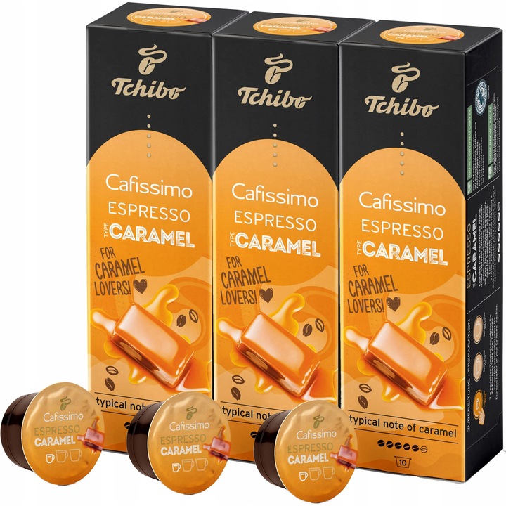 Cafa Tchibo Cafissimo Espresso Caramel, 30 capsule, amestec Arabica si Robusta, 3x70g