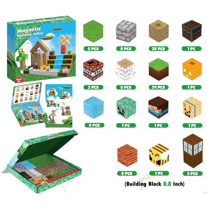 Set 100 cuburi magnetice, albastru verde, 3-13 ani