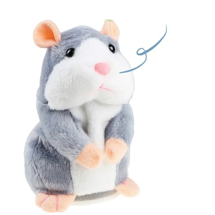 Jucărie interactivă hamster vorbitor, Dalimag, gri-alb, 17 cm, funcție înregistrare, plus moale