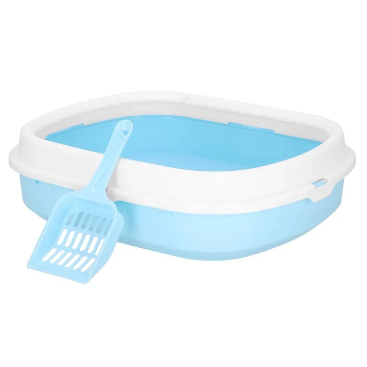 Litiera pisici lopatica plastic pp montaj simplu 2 piese, 40x33x11 cm, design compact, albastru alb