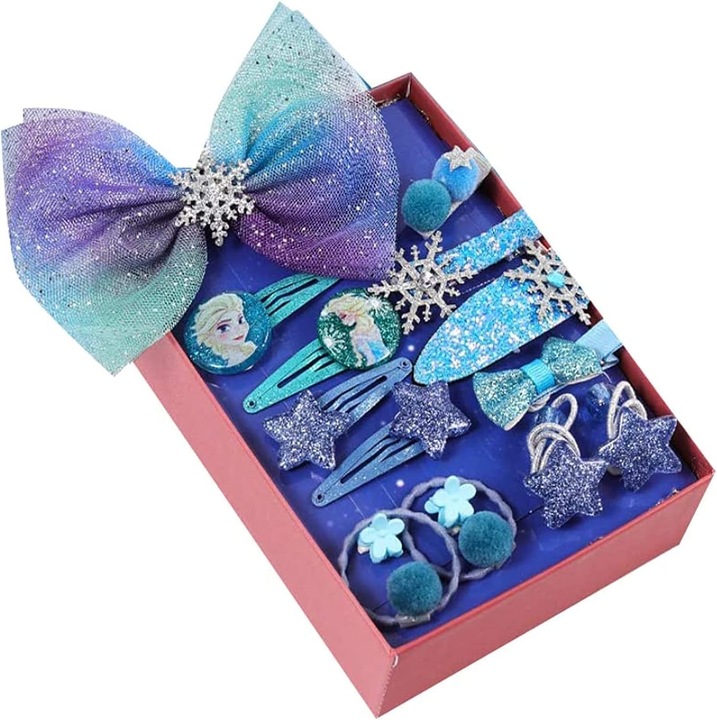 Set 15 Accesorii de Par „Frozen World”, Inspirat de Elsa, 11 Agrafe Metalice cu Fulgi de Zapada si Fundite + 4 Elastice de Par, Decorate cu Pietre Stralucitoare si Rasina, Tematica Regatul Inghetat