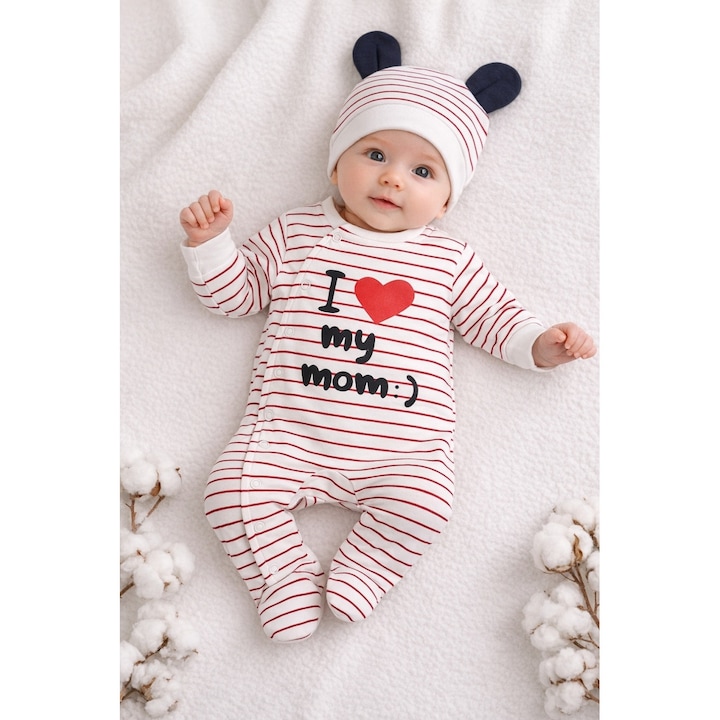 Salopeta bebe i love my mom dungi rosii 2 piese salopeta si caciulita