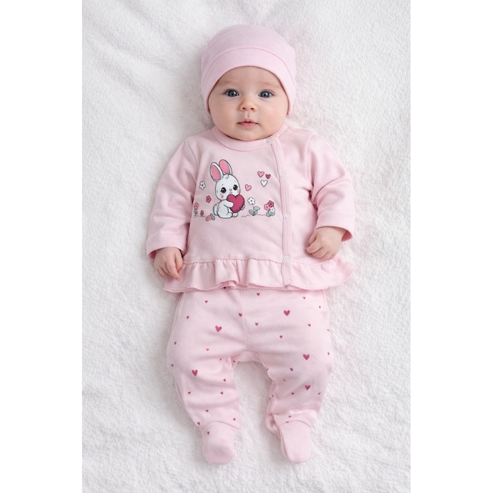 Set bebe fetita Lumeria roz, 3 piese bluza cu maneca lunga, pantaloni cu botosei, caciulita, 0-3 luni, 56-62 cm