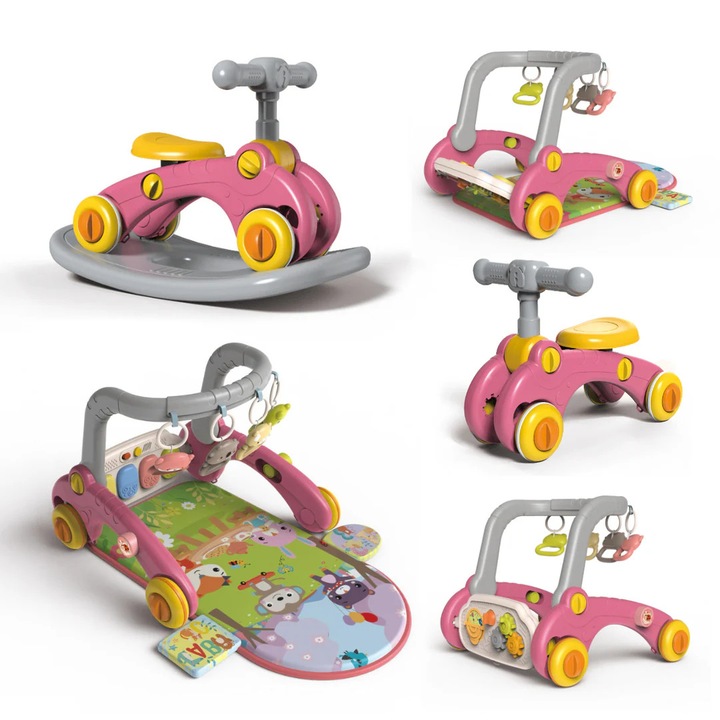 Centru de Activitati 7in1 Mix&Play™ Baby Activity System, Premergator, Salteluta, Balansoar, Bicicleta si Placa de Echilibru, Pian Senzorial cu Muzica si Lumini, 4 Jucarii Detasabile, Saltea Moale si Material Respirabil, Forest Party Pink