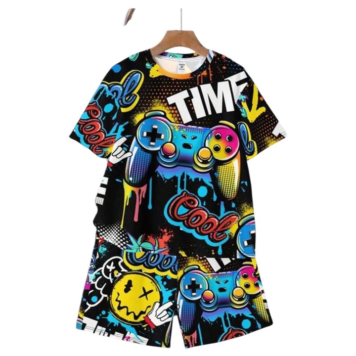 Compleu copii, set doua piese, tricou + pantalon scurt, multicolor, 11 ani, 152 CM