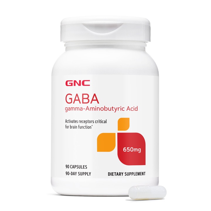 GNC GABA 650 mg, Neurotransmitator natural pentru relaxare, somn si stres, 90 cps