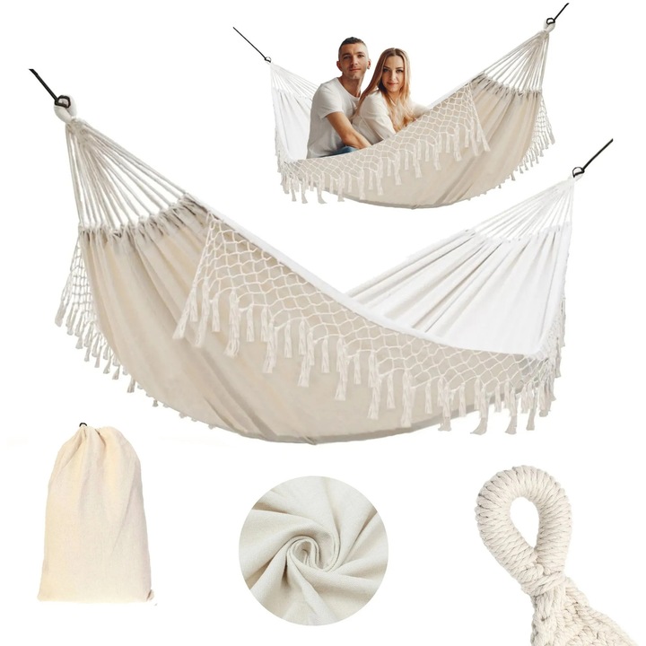 Hamac Toolight 400256, 2 persoane, Alb, 270x150x1cm, set cu husă și frânghie de fixare