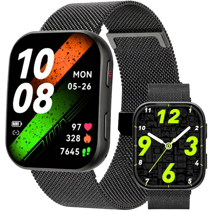 Ceas Smartwatch EvoWatch 7S, Display AMOLED 1.96”, Apeluri Bluetooth, Always-On Display, Monitorizare Puls, Oxigen, Tensiune si Somn, Notificari Aplicatii, Activitate Sport, Aplicatie GloryFit, compatibil iOS si Android, Carcasa Aluminiu Slim, Negru
