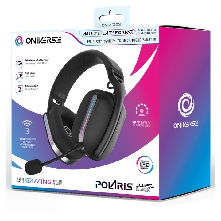 Геймърски слушалки Oniverse Polaris Eclipse Black, безжични, 10m обхват, 33 часа живот на батерията