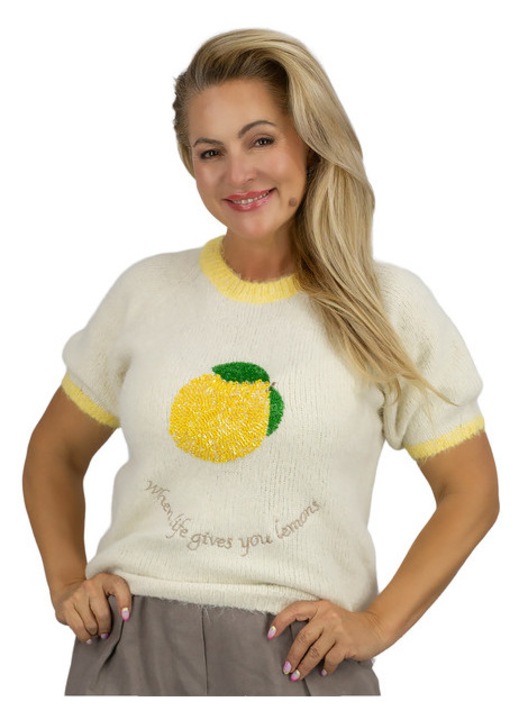 Pulover dama Agrafka, maneca scurta, imprimeu fructe, culoare bej, unisize