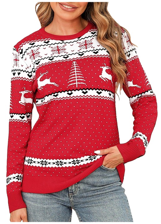 Pulover Craciun Dama, Tricotat, pentru Petreceri si Sarbatori, Rosu, Marimea M
