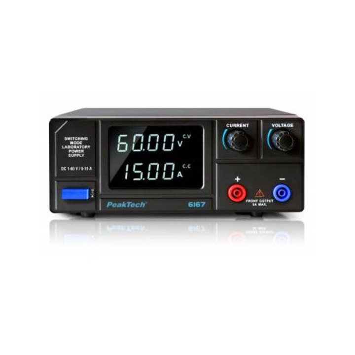 Sursa de laborator Peaktech 0-60V/0-15A, alimentare la retea, LED alb, 290x88x210mm