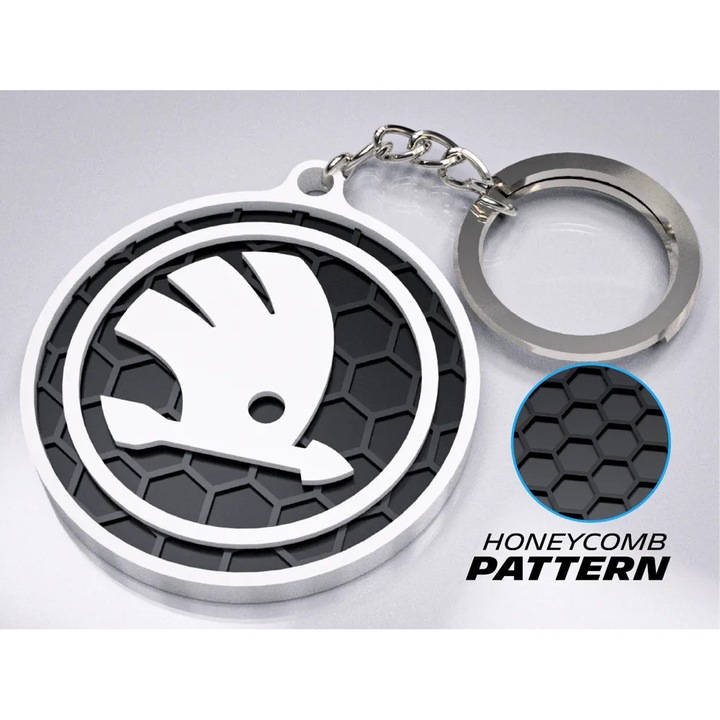 Breloc Auto Premium, Skoda – Design 3D cu Textura Honeycomb