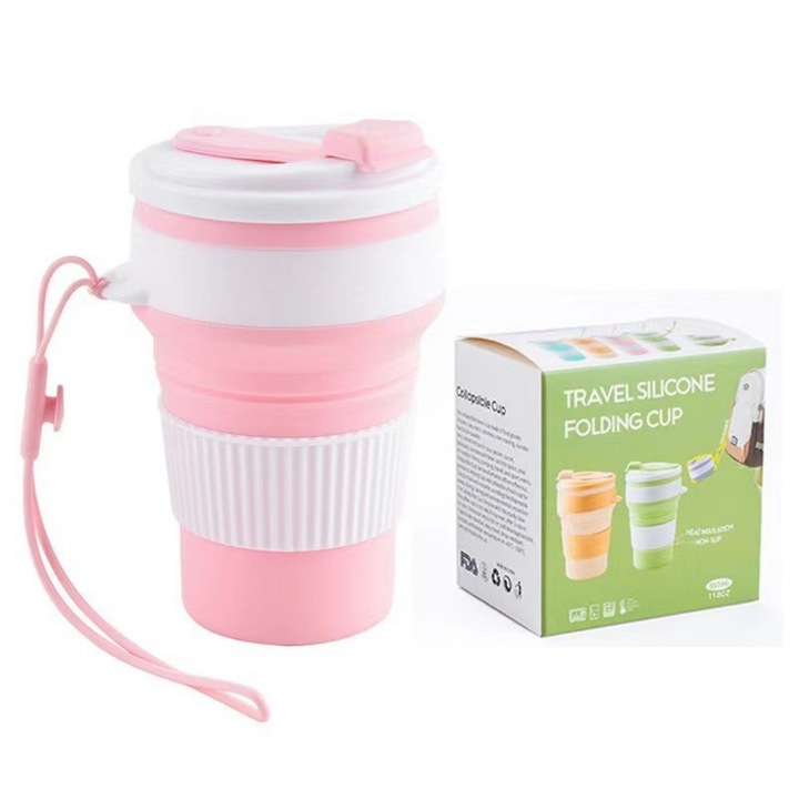 Pahar pliabil din silicon, extensibil, 500 ml, cu curea de mana, din silicon, rezistent si durabil, antiderapant, roz