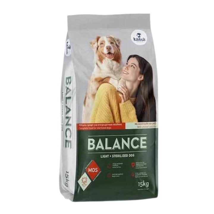 Hrana uscata pentru caini Kibbus Balance Light Sterilized, Pui si orez, 15 kg