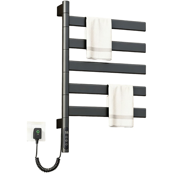 Calorifer Electric pentru Baie Prosopar, SIOYIE, G68, 180° Rotativ, Incalzire cu Fibra de Carbon, Touch Smart, Temporizator 30-70°C, IPX4, 120W, pentru Uscare si Igienizare Prosoape, Negru Mat