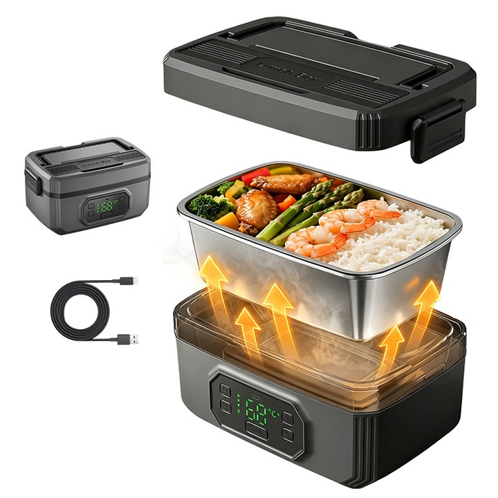 Електрическа кутия за обяд, COSMI®, 1.2L, Безжична, без вода, Батерия 21000mAh, 50W Бързо загряване, 6 степени на температура, 8 степени на таймер, Зареждане Type-C, Интериор от неръждаема стомана 304, за туризъм, пътувания, офис, Черен
