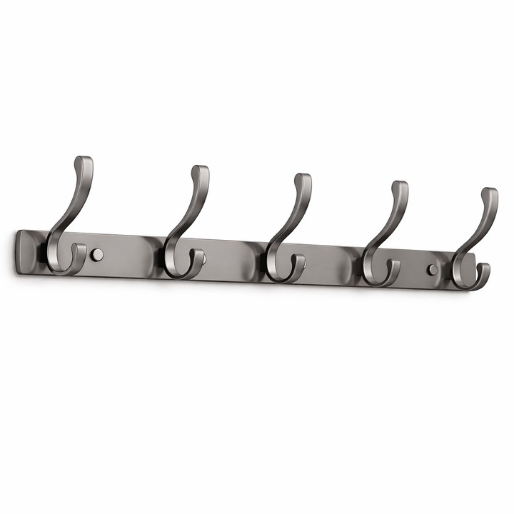 Cuier perete baie si hol, MENZ®, model HookRail 45, suport umerase cu 10 agatatori, montaj dublu adeziv sau cu suruburi, aluminiu rezistent, organizator haine, prosoape, chei, 45 cm
