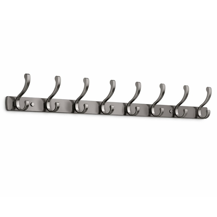 Cuier perete baie si hol, MENZ®, model HookRail 75, suport umerase cu 16 agatatori, montaj dublu adeziv sau cu suruburi, aluminiu rezistent, organizator haine, prosoape, chei, 75 cm