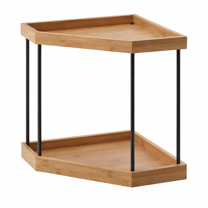 Органайзер за ъгъл на кухненски плот на 2 нива, бамбук + метал, органайзер за подправки, поставка за съхранение в кухня, HOMENEXT