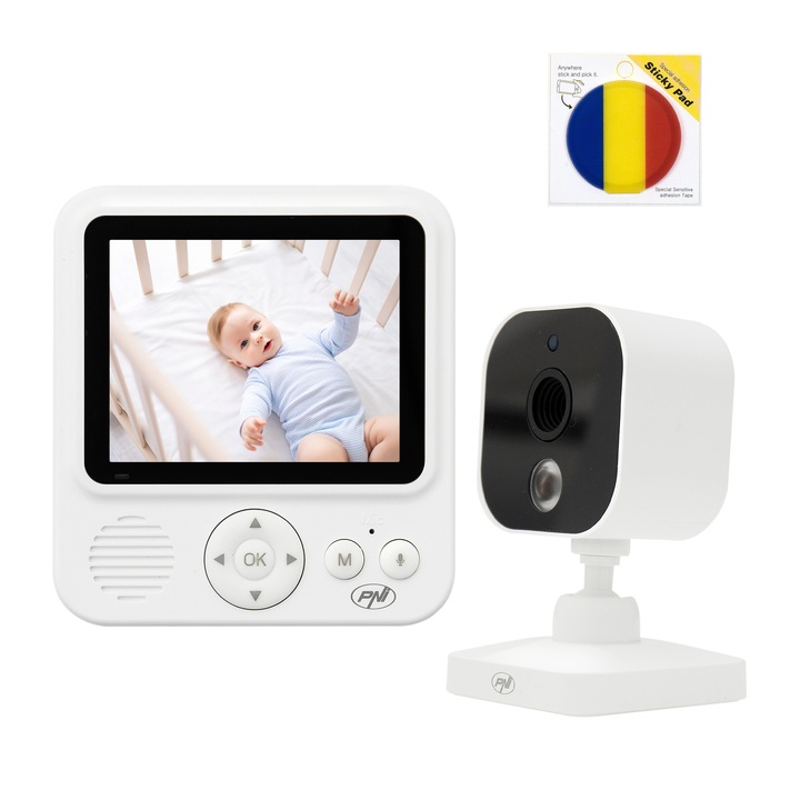 Pachet Video Baby Monitor PNI BM280 ecran 2.8 inch wireless 2.4 GHz cu sticky Pad Drapel inclus