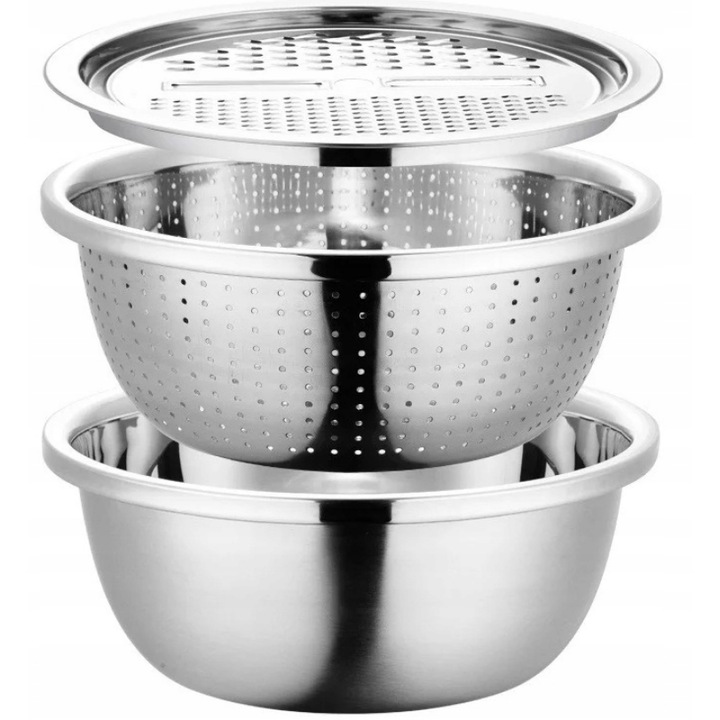 Set boluri bucatarie Kamille 4 in 1, inox, bol + strecuratoare + razatoare + recipient, multifunctional, argintiu