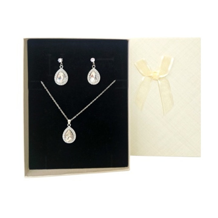 Set bijuterii dama Feeling Classic Drop din inox cu colier si cercei, design elegant lacrima, in cutie cadou, Velve