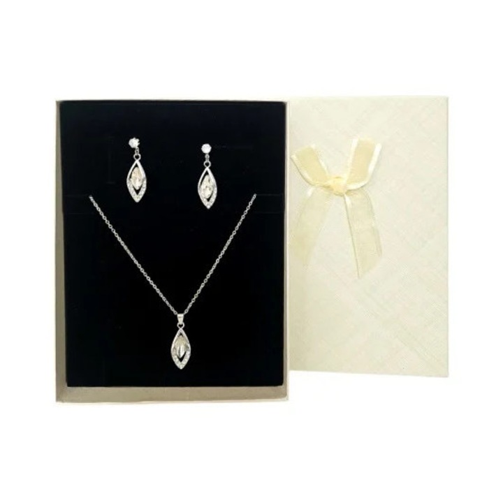 Set bijuterii dama Feeling Drop din inox cu colier si cercei, pandantiv lacrima cu cristale, in cutie cadou, Velve