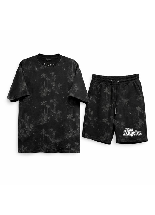 Compleu Sport Oversize Negru Barbati – Tricou si Pantaloni Scurti Palm Print, Negru